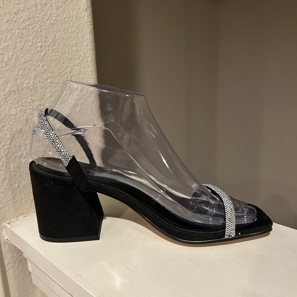Lisa Vicky Mood Microsuede Block Heel Slide Sandal Black Rhinestone Strap Sz 6.5 - Picture 3 of 10
